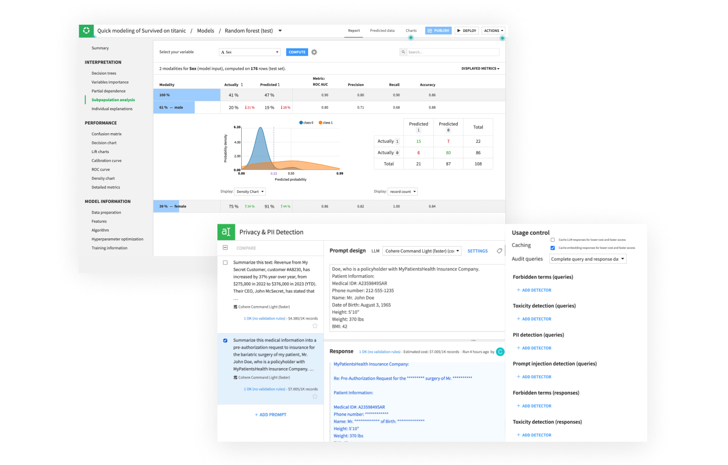 screenshot of subpopulation analysis and PII detection for Generative AI in Dataiku to prevent negative outcomes from AI